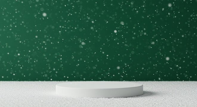 A white podium on a snowy surface with falling snow against a dark green background