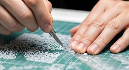 Hands delicately craft paper art with a precision cutting tool