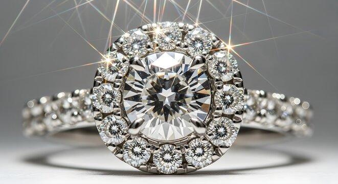 A creatively enhanced rephrasing of halo diamond ring shot in macro with diffused spotlight creating sparkle bursts, depicted with richer detail and a more artistic presentation.