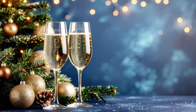 Celebration toast with champagne glasses festive holiday setting decorative christmas tree cozy indoor atmosphere elegant viewpoint joyful concept for memorable occasions