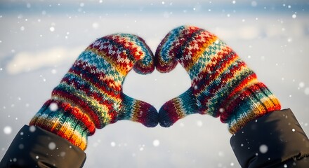 Cozy heart hands warm winter love symbol falling snow