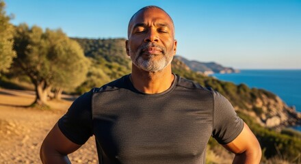 Mature black man standing with closed eyes enjoying warm sun on a scenic mountain path overlooking the sea, bright sunny day