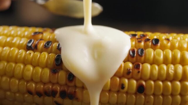 Gourmet Grilled Corn with a Creamy Drizzle, perfect for a culinary delight. The roasted corn kernels are a beautiful golden yellow, contrasted by the creamy drizzle