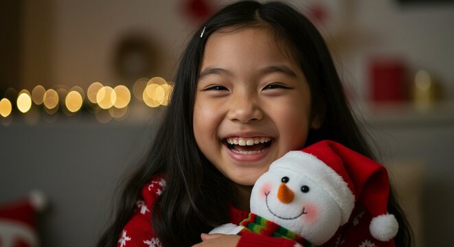 A happy young asian girl smiles brightly while hugging a snowman plush toy during the holiday season