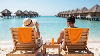 Relaxing beach scene with two people enjoying drinks on lounge chairs, overlooking calm turquoise water and thatched roof bungalows