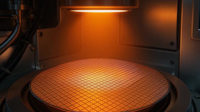High tech precision process showcasing a heated semiconductor wafer being processed in an automated machine with a glowing orange surface and surrounding industrial components