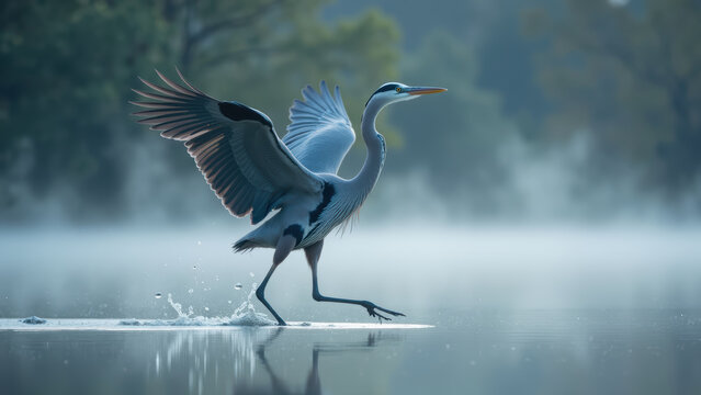 Graceful heron wades through misty lake, showcasing its elegant wings and striking features. serene atmosphere enhances beauty of nature