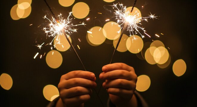 Hands holding sparklers with bokeh lights in the background