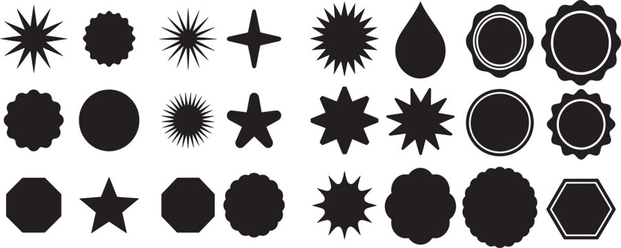 A diverse vector collection featuring black geometric shapes, starbursts, abstract forms, and customizable blank badges. Perfect for graphic design projects.