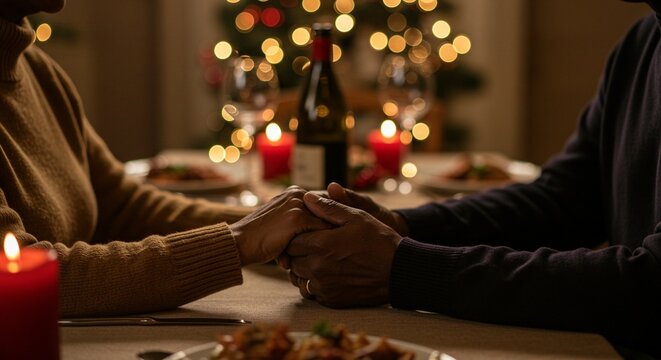 Couple holding hands during a romantic christmas dinner with candles and festive lights - Powered by Adobe
