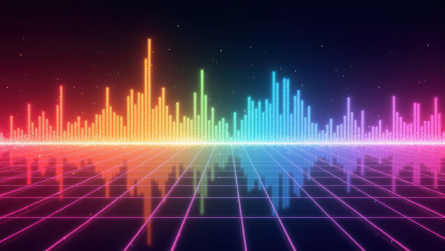 Vibrant sound wave visualization with colorful bars reflecting on grid surface, creating dynamic and energetic atmosphere