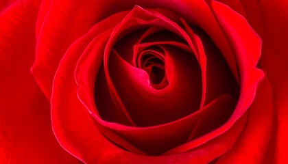 A close-up view of a vibrant, crimson flower's center, showcasing intricate petal arrangement and subtle gradations of red