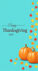 A minimal Happy Thanksgiving Day design with pumpkins and falling leaves, a contemporary concept for a corporate holiday e-card.