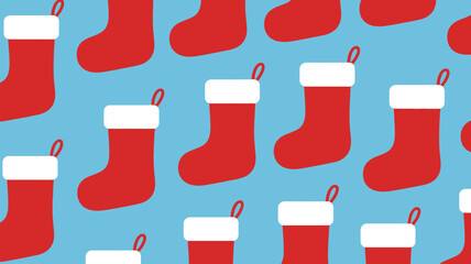 Festive pattern featuring red Christmas stockings against a light blue backdrop, perfect for holiday cheer, seasonal promotions, and festive backgrounds