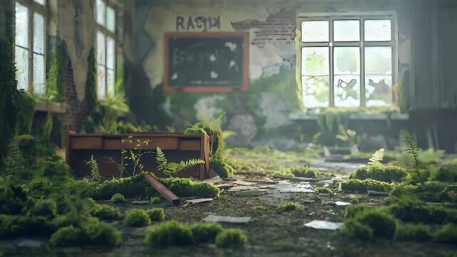Destroyed ruins abandoned buildings apocalypse scene of city. Aerial view of a dilapidated room with mosscovered walls and wooden furniture, surrounded by plants and debris.