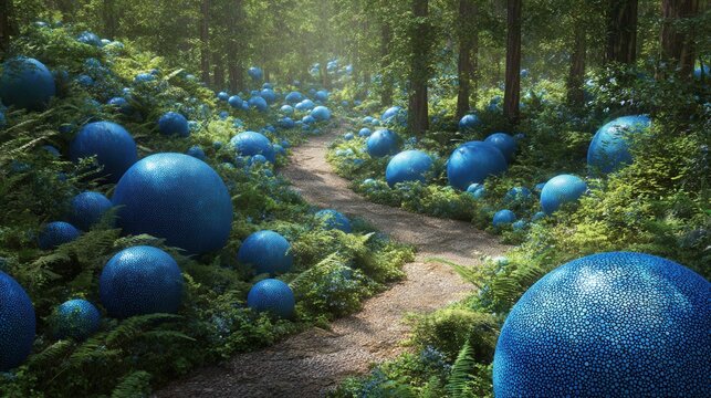 Enchanted blue forest path with glowing orbs