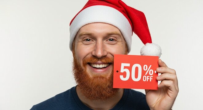 Man wearing santa hat holding 50 percent off sign
