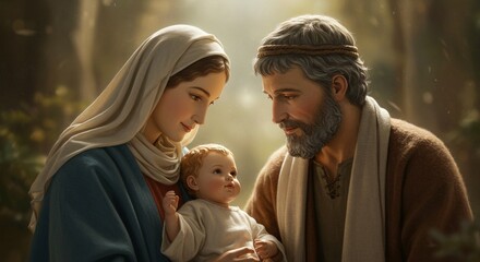 The holy family mary, joseph, and the infant jesus in a tender, loving embrace