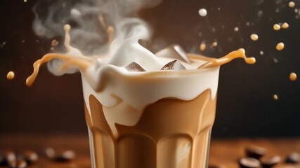 Iced coffee with cream and ice cubes, creating a delightful splash effect. The image captures the freshness and the rich flavors of coffee