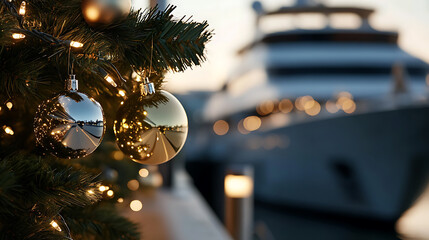 Christmas tree at the harbor decorated with lights and ornaments, reflecting a serene festive scene. Celebrations aboard a modern yacht in the background.