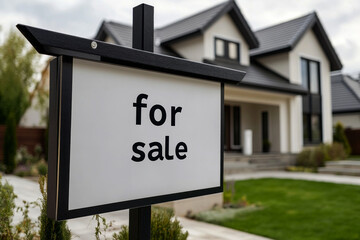 Fototapeta premium blank white sign with the words for sale written on it, in front of a modern suburban house