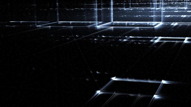 Leuchtende gitterf&ouml;rmige Geometrie f&uuml;r Technologie, Energie, Produktion & Datentransfer &ndash; moderne Architektur, Planung & Sicherheit visualisiert, blau
