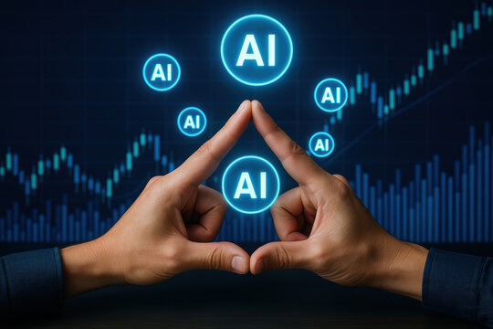 Hands frame a glowing AI concept with multiple AI icons and a futuristic graph backdrop illustrating technology data and innovation in artificial intelligence