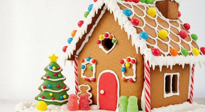 A decorated gingerbread house with candy and a small christmas tree