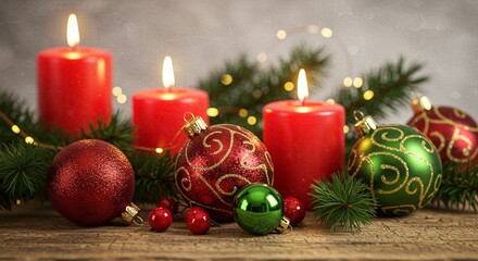 Festive christmas scene with red candles, ornaments, and evergreen branches on a wooden surface
