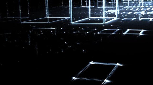 Leuchtende gitterf&ouml;rmige Geometrie f&uuml;r Technologie, Energie, Produktion & Datentransfer &ndash; moderne Architektur, Planung & Sicherheit visualisiert, blau
