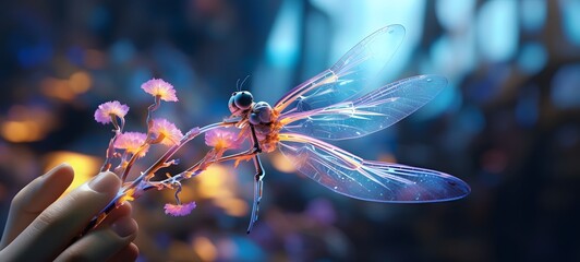 A dragonfly , a small creature made of glass that is sitting in the palm of your hand,generative AI