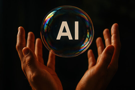 Abstract hands cradle a floating bubble with the letters AI reflected inside suggesting innovation technology and artificial intelligence in a cinematic luminous scene