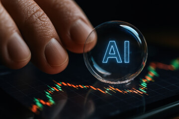 Abstract focus on AI concept with glass orb and digital market chart illustrating data driven technology and analysis