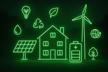 Emerging energy concept featuring green neon icons a house solar panel wind turbine battery plant leaf globe and eco symbols to convey sustainability and clean power