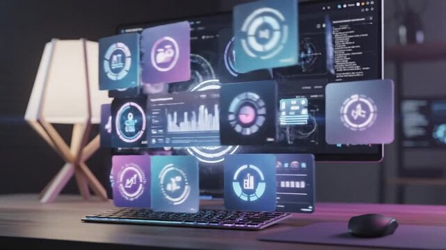Computer screen displaying floating UI elements, symbolizing dynamic and responsive design, interactive interfaces, and modern digital user experience concepts