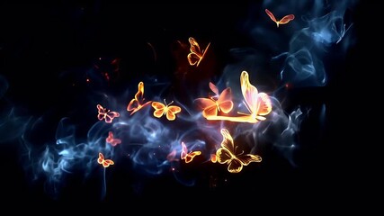 A vivid, highresolution digital artwork of a butterfly in flight against a dark background. The butterfly is rendered in a warm, golden hue, contrasting with the surrounding darkness.