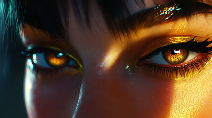 Confident look in close-up eyes with sharp lighting and vivid tones 