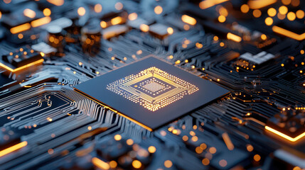 Close up view of circuit board featuring central processing unit, illuminated with glowing lights, showcasing intricate electronic components