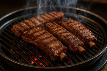 Savory grilled meat rib bones sizzling over heat with smoky aroma and rich flavor inviting aroma and delicious taste from grill