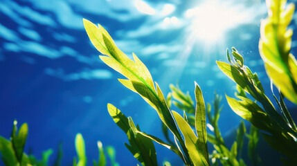 Underwater scene featuring vibrant green aquatic plants illuminated by sunlight, creating serene and tranquil atmosphere