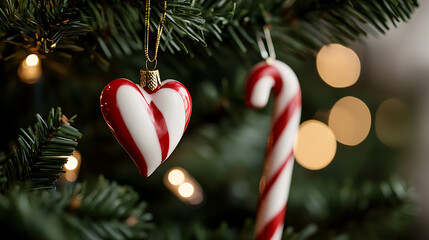 Festive ornaments on a pine Christmas tree, illuminated by soft bokeh lights. The heart-shaped ornament and candy cane create a warm, joyful seasonal spirit!