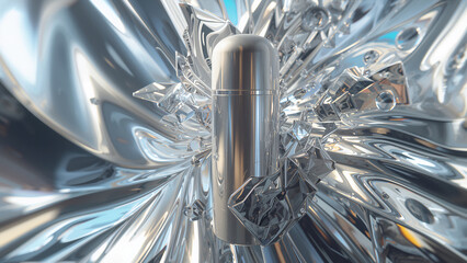 Shiny Silver Container Abstract Arrangement with Reflective Metallic Elements