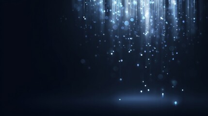 Dark blue abstract background with shimmering falling light particles over a soft glowing spotlight effect, creating a dynamic, elegant, futuristic atmosphere for technology, design, digital concepts
