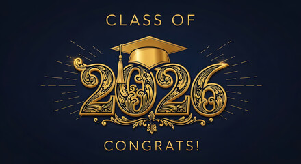 Elegant golden class of 2026 graduation typography with cap and congrats message