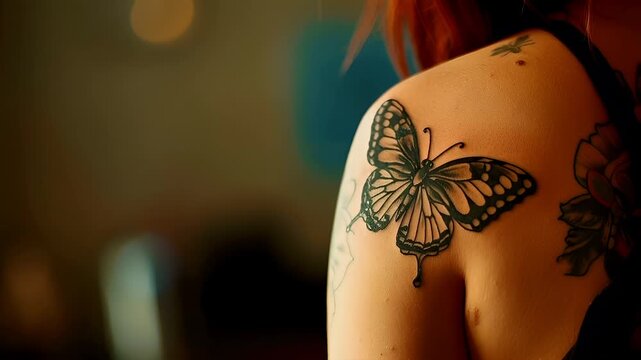 A closeup of a person with a butterfly tattoo on their shoulder. The butterfly is black and white, with intricate detailing that captures the essence of nature.