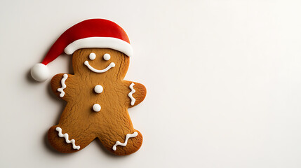 Festive gingerbread man cookie wearing a red Santa hat with a playful smile, white icing details on a light surface, evoking holiday cheer and the joy of Christmas treats.