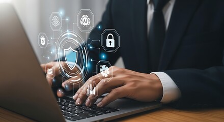 Person using laptop with AI and security icons in digital interface artificial intelligence