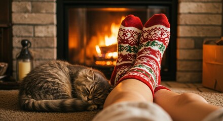 Cozy scene of a cat sleeping by a warm fireplace while someone wears festive holiday socks