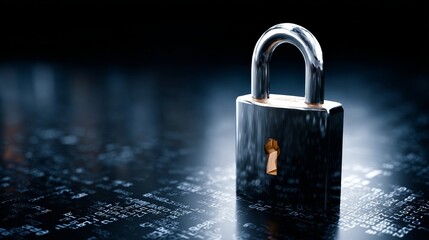Futuristic padlock on a digital screen with running codes and commands, symbolizing data protection, encryption, secure networks, cybersecurity, information safety, and modern technology concepts
