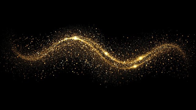 Golden dust, glitter, shine, sparkle, glow, wave and abstract motion forming a flowing gold curve over a dark black background, creating a bright dynamic luxury concept